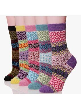Womens 5 Pairs S-M Warm Winter Wool Blend Vintage Pattern Socks Cozy Crew Style